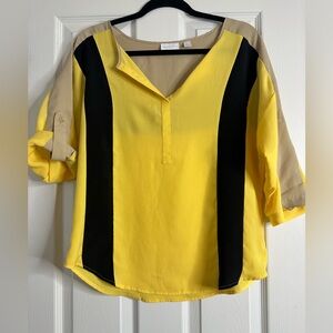 New York & Company Sheer Yellow, Black & Tan Shirt, Size Small